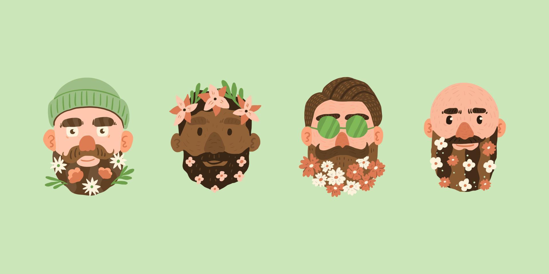 homens com flores na barba. vetor