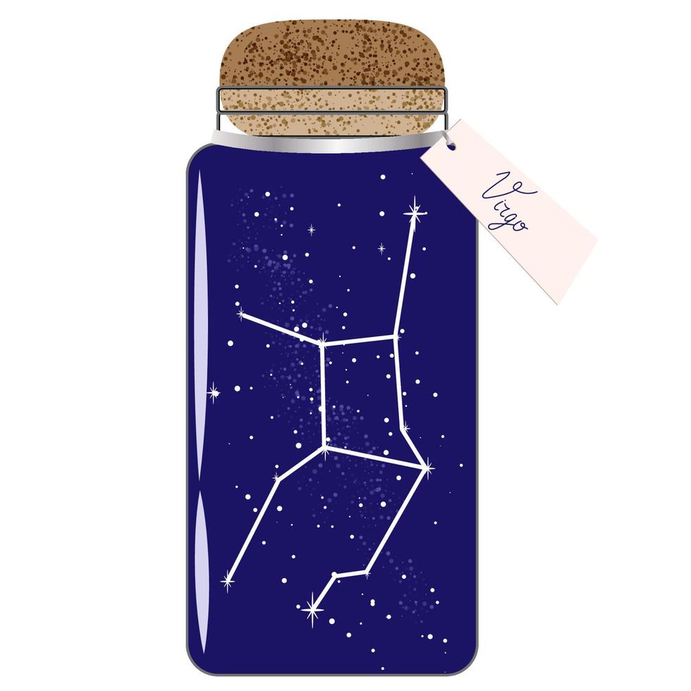 frasco de vidro com constelações do zodíaco virgem no céu noturno. colecionar momentos. jarra com tag para horóscopo vetor