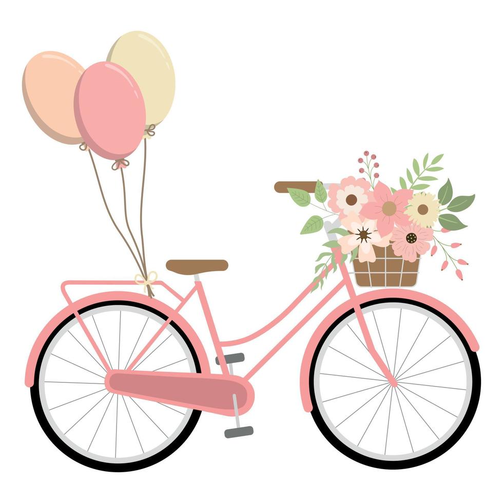 bicicleta rosa floral primavera romântica com balões coloridos. isolado no fundo branco. bicicleta retrô de primavera. ilustração vetorial. vetor