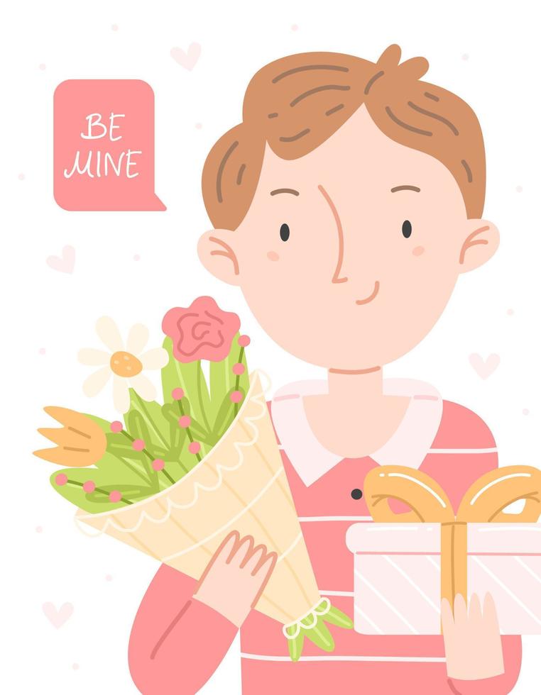o conceito de um cartão de dia dos namorados. um menino com um buquê e um presente e letras sejam minhas. ilustração em vetor bonito.