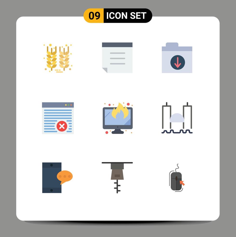 pacote de 9 sinais e símbolos modernos de cores planas para mídia de impressão na web, como elementos de design de vetores editáveis de tela de pasta perdida de ponte
