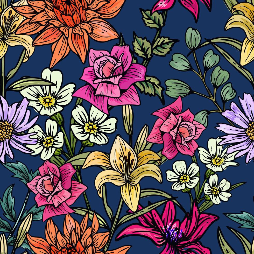 desenhado à mão elegante padrão colorido sem costura com ilustração de design floral botânico vetor