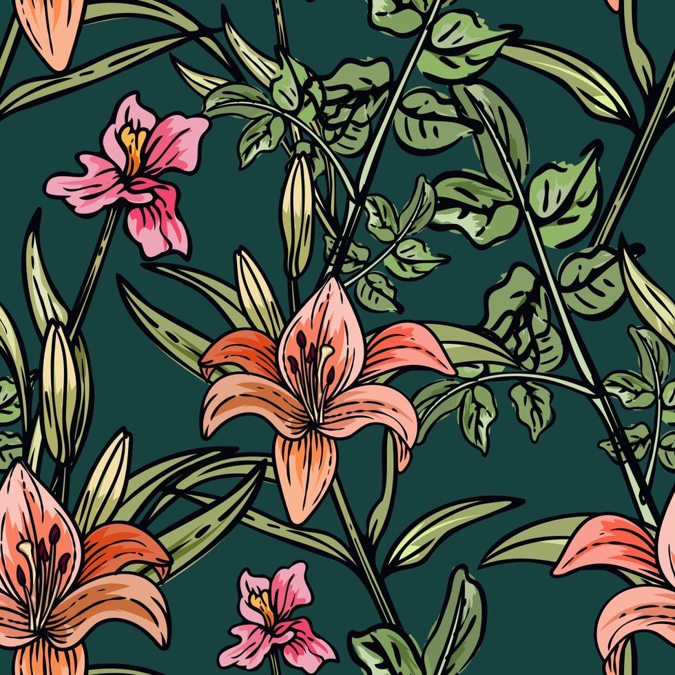 desenhado à mão elegante padrão colorido sem costura com ilustração de design floral botânico vetor