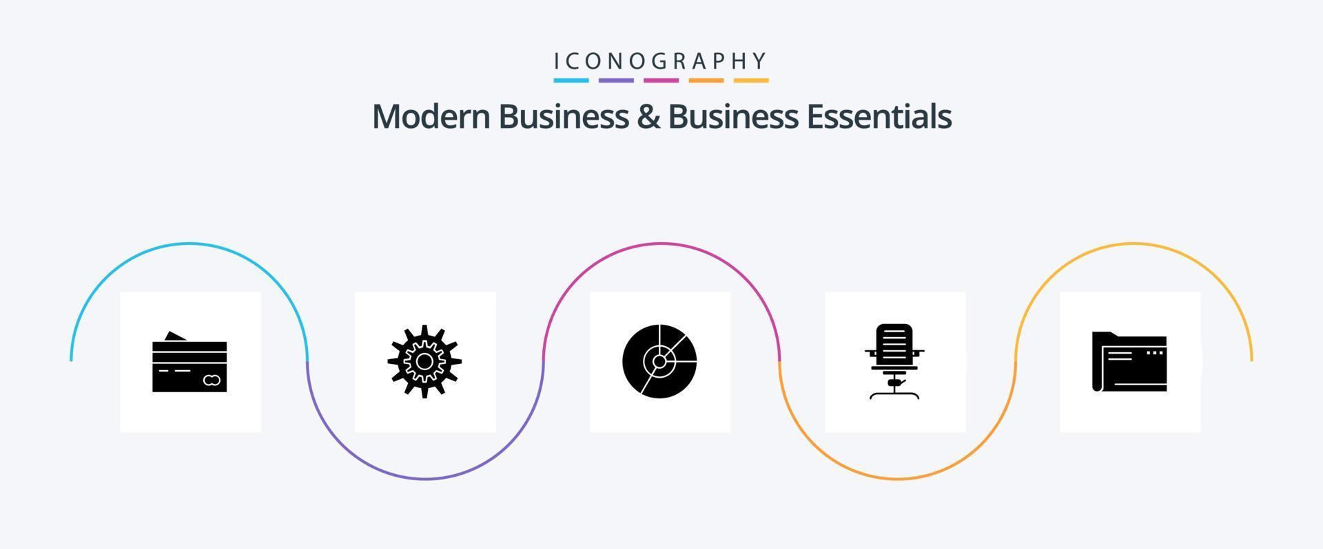 pacote de ícones de negócios modernos e essenciais de negócios glifo 5, incluindo gráfico. torta. definições. trabalhos. sistema vetor