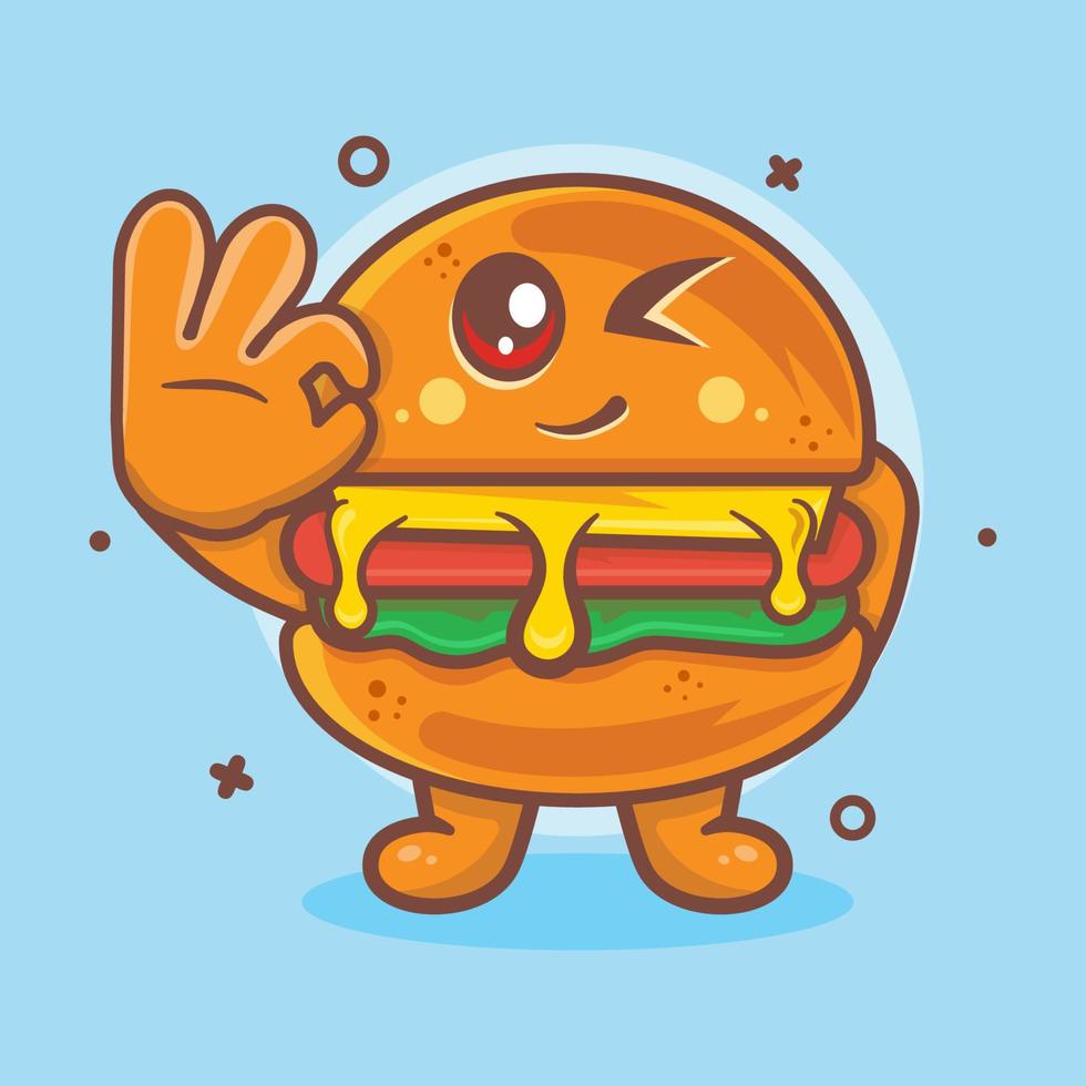 mascote de personagem de comida de hambúrguer fofo com desenho animado isolado de gesto de mão ok em design de estilo simples vetor