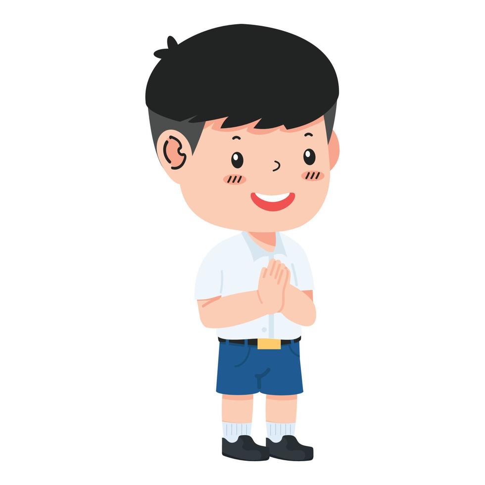 menino estudante tailandês com pose de personagem namaste vetor