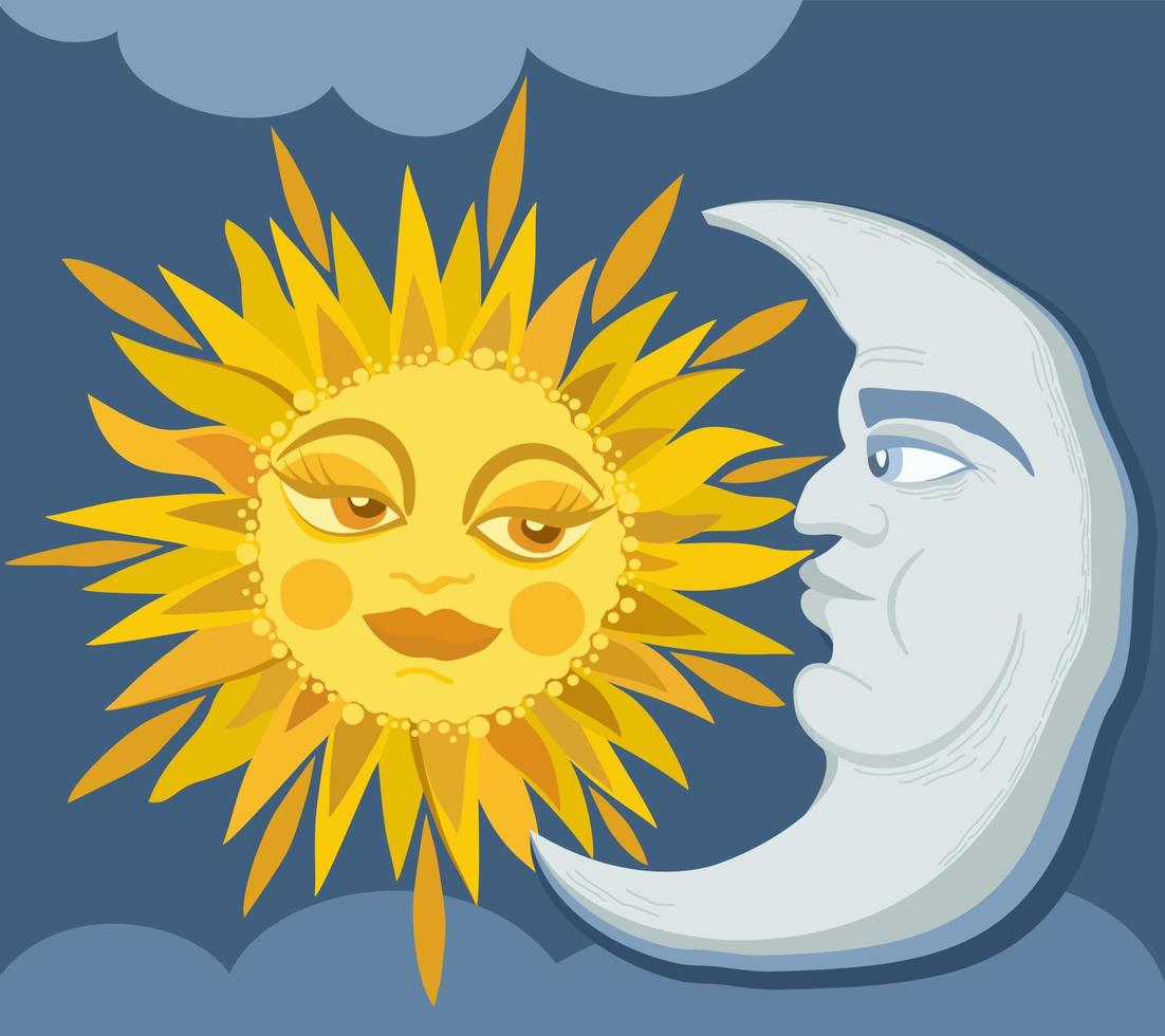 ilustração vetorial de sol e lua crescente com rostos entre as nuvens. vetor