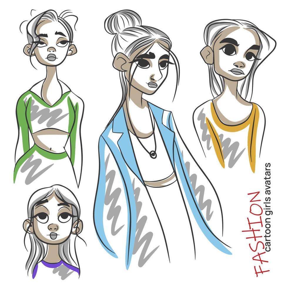 conjunto de avatares de meninas de desenho animado de moda, retrato, altura total, doodle vetor