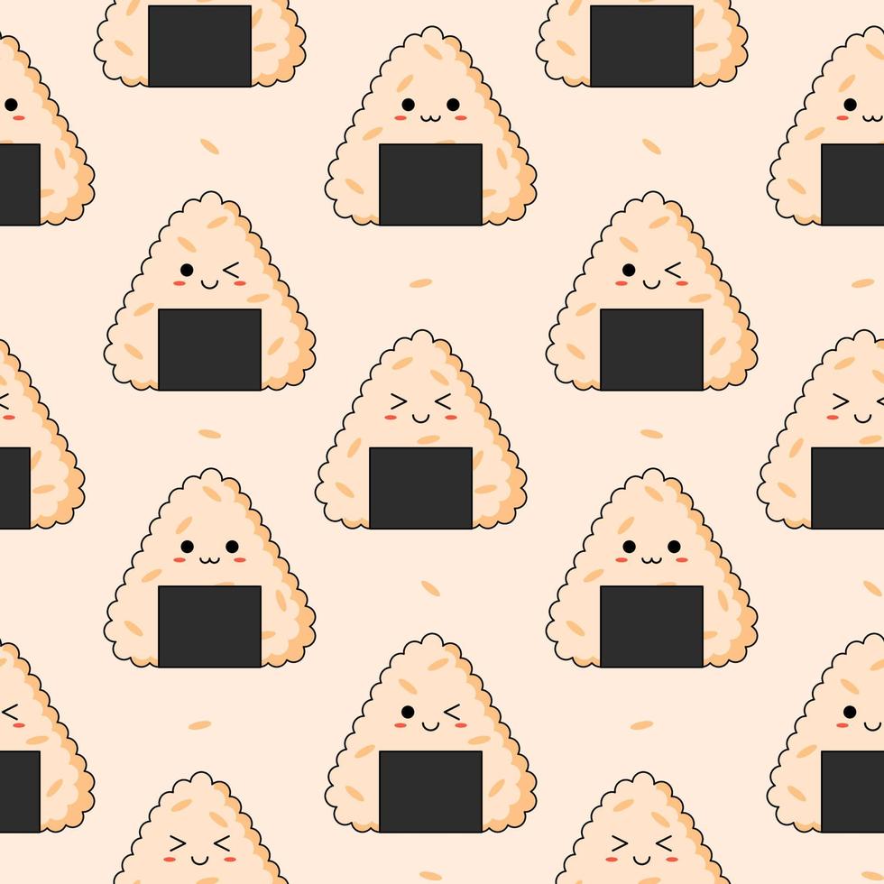 padrão perfeito com onigiri kawaii sobre fundo claro. vetor