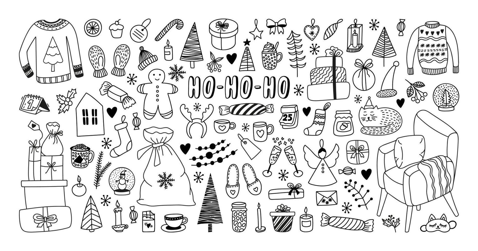 grande conjunto de clipart de ano novo e natal. ilustrações vetoriais de rabiscos desenhados à mão vetor