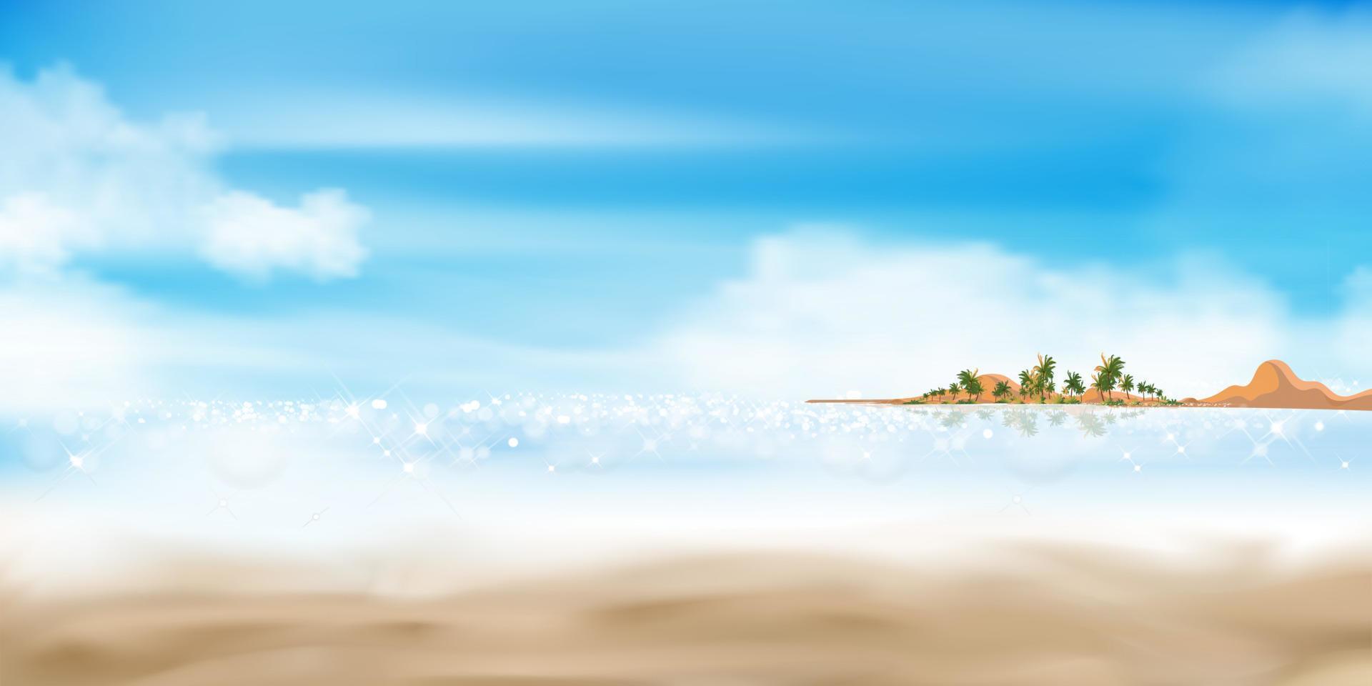 areia de praia com céu azul, fundo de verão de praia tropical com luz do sol brilhando na água do oceano paisagem natural com horizonte turvo, paisagem de praia tropical, férias de verão vetoriais à beira-mar vetor