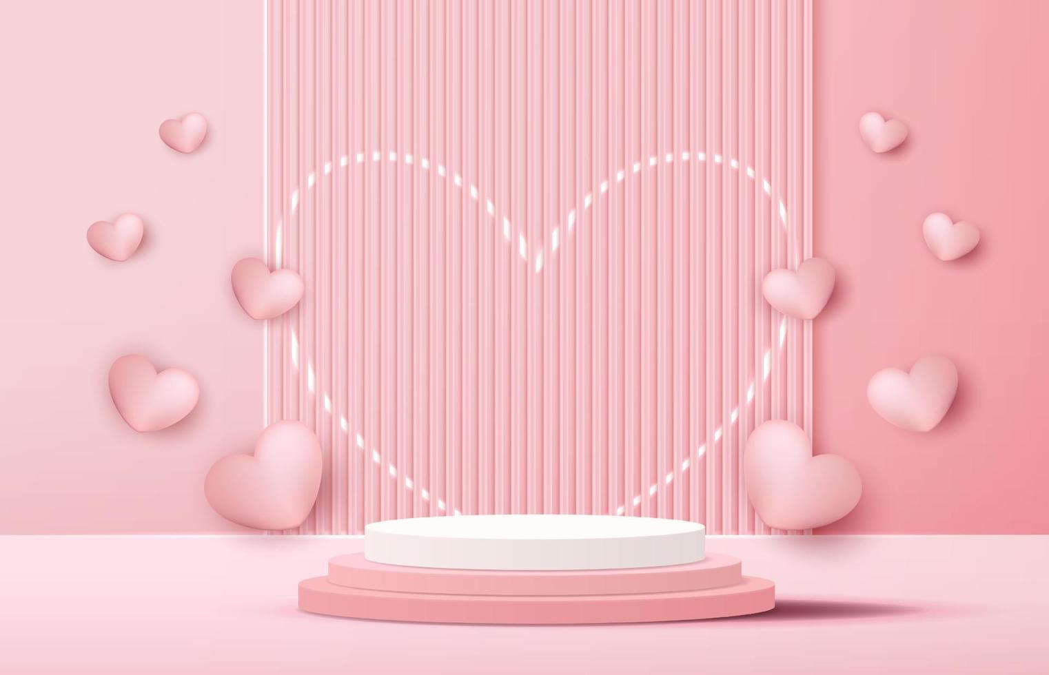 produtos de fundo de exibição de pódio rosa para dia dos namorados na plataforma de amor. estande para mostrar cosméticos com estilo artesanal. símbolos de amor para feliz. projeto do vetor. vetor