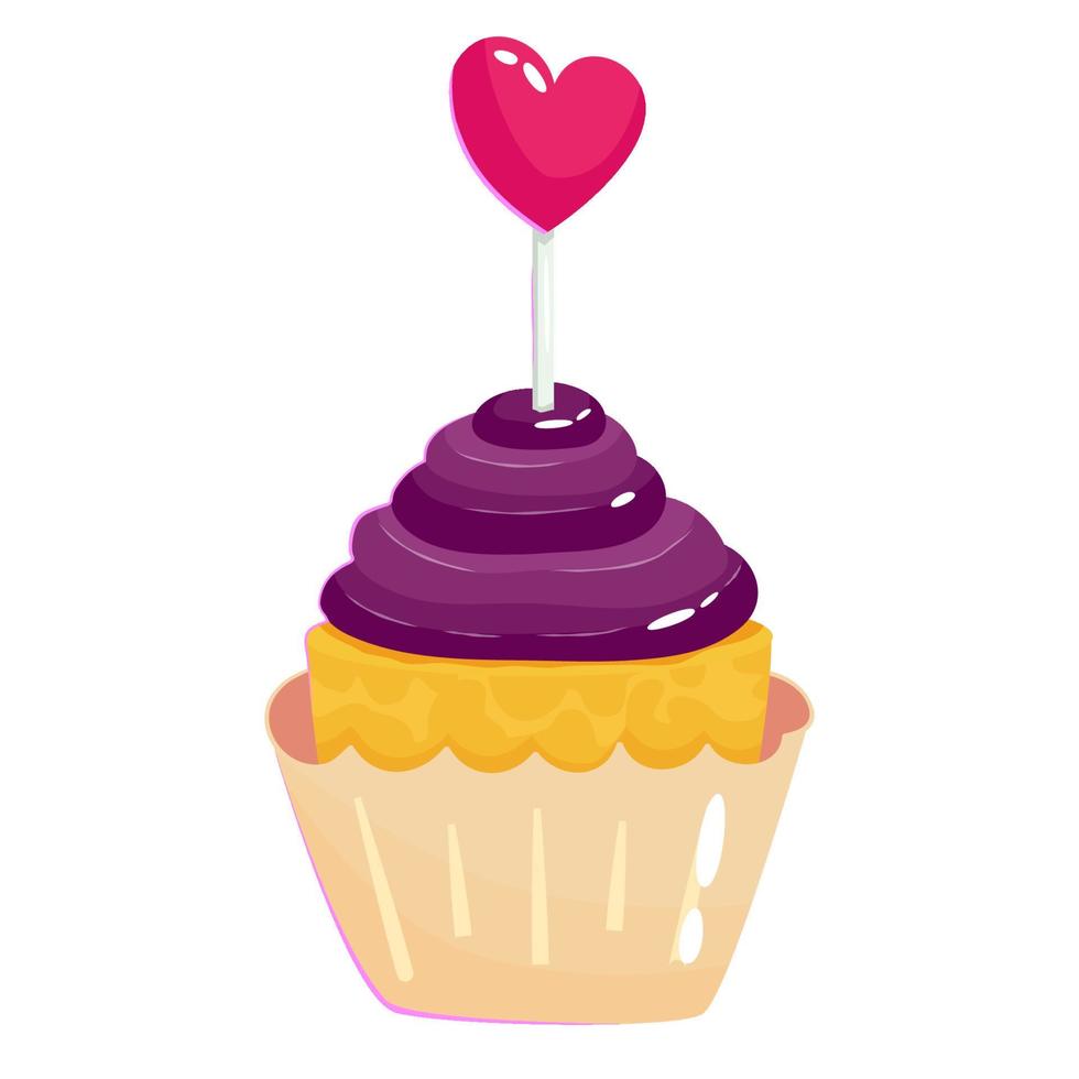 cupcake de dia dos namorados com coração isolado. muffins rosa baunilha doce sobremesa para os amantes. ilustração em vetor dos desenhos animados. padaria para o dia dos namorados