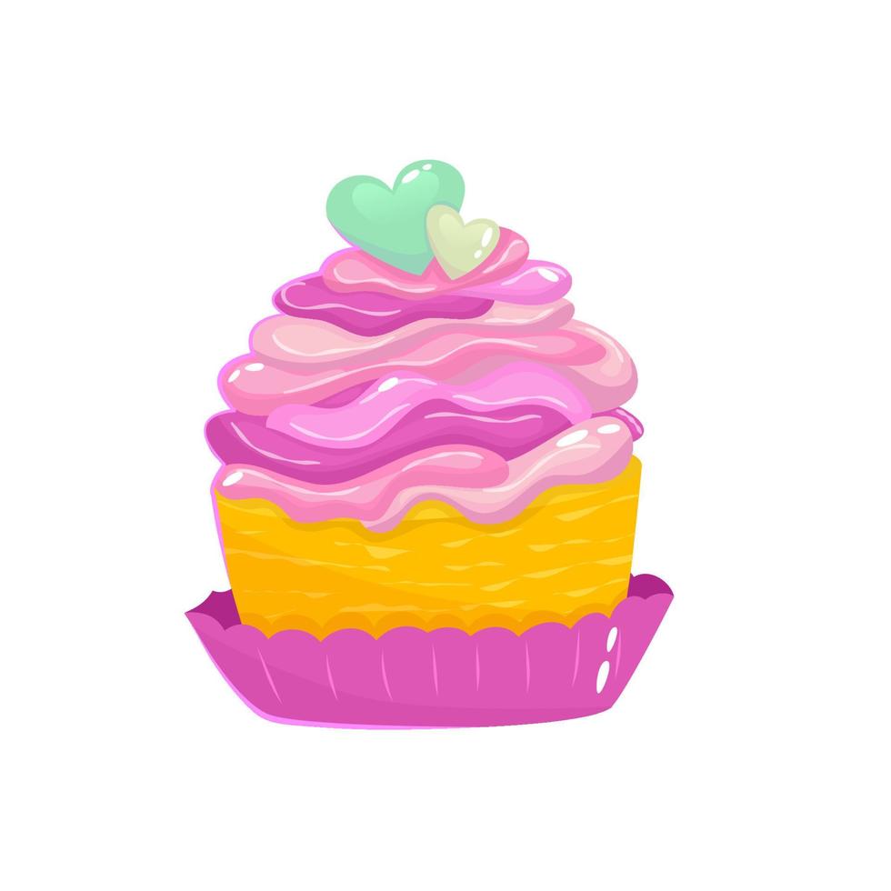 cupcake de dia dos namorados com coração isolado. muffins rosa baunilha doce sobremesa para os amantes. ilustração em vetor dos desenhos animados. padaria para o dia dos namorados