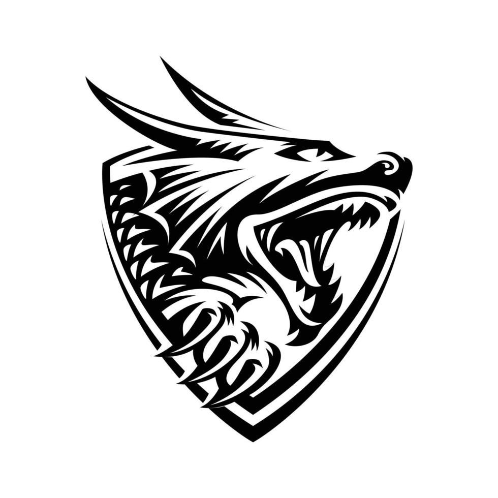 cabeça de um dragão na forma de uma ilustração de escudo, design de emblema em um fundo claro. vetor