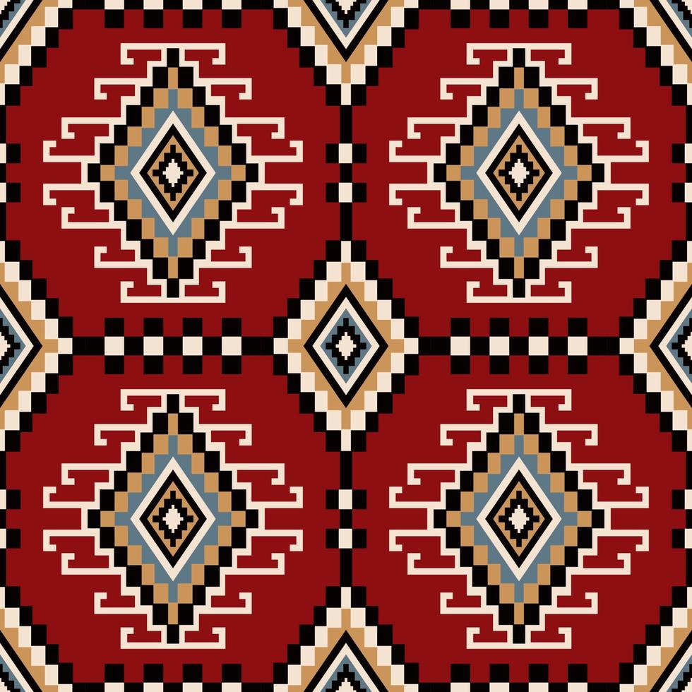 padrão quadrado geométrico étnico colorido. forma de diamante geométrico kilim asteca em padrão quadrado sobre fundo de cor vermelha. uso para tecido, têxtil, elementos de decoração para casa, estofamento, embrulho. vetor