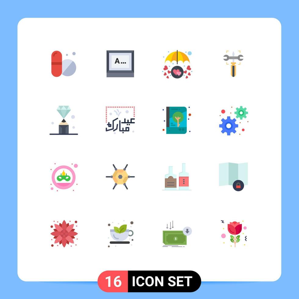 conjunto de cores planas de interface móvel de 16 pictogramas de parafuso de diamante em conjunto de chave de amor pacote editável de elementos de design de vetores criativos