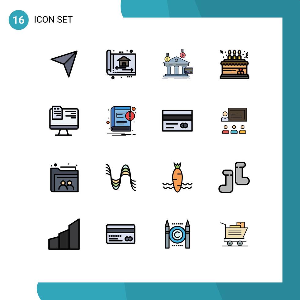 pacote de 16 linhas cheias de cores planas criativas de design de bolo de aniversário financeiro editável elementos de design de vetores criativos