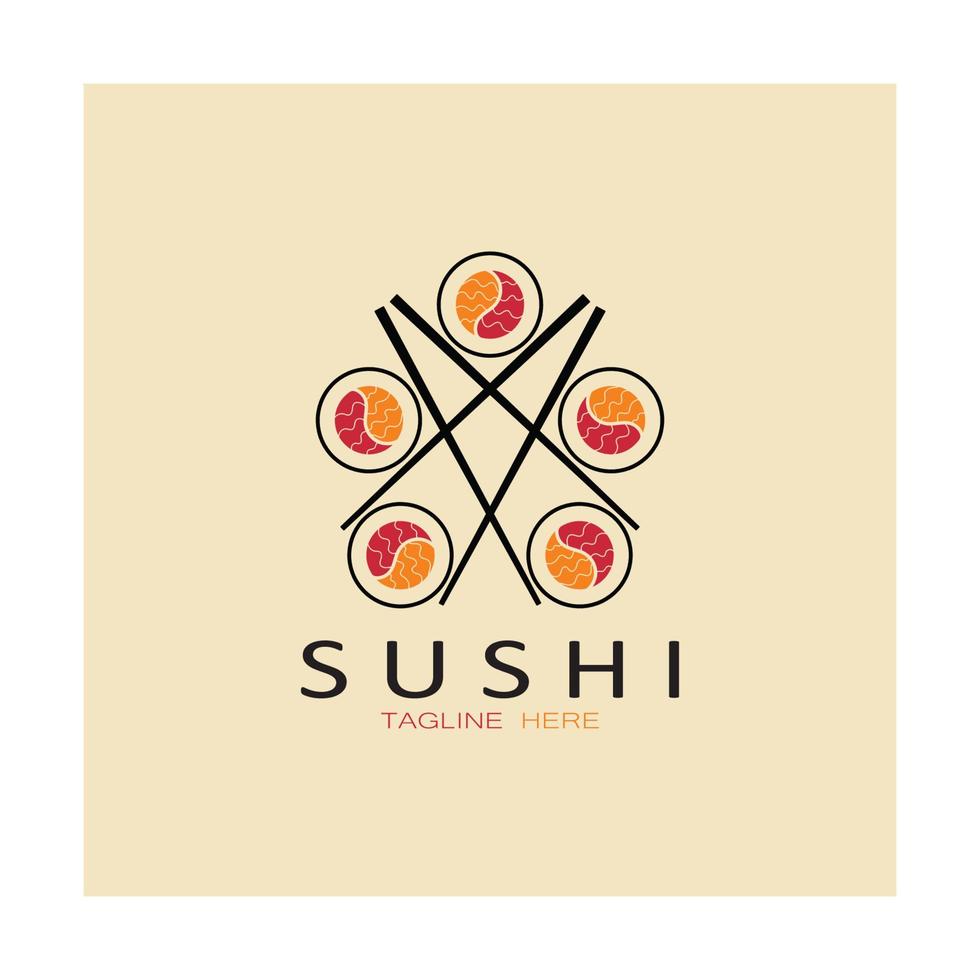 modelo de logotipo de sushi barra de ilustração de estilo de ícone vetorial ou loja, sushi, rolo de salmão, sushi e rolos com bar de pauzinhos ou modelo de logotipo de vetor de restaurante