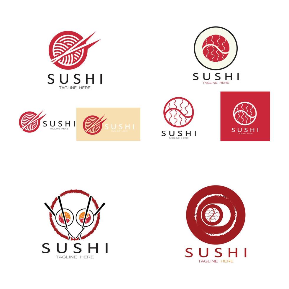 modelo de logotipo de sushi barra de ilustração de estilo de ícone vetorial ou loja, sushi, rolo de salmão, sushi e rolos com bar de pauzinhos ou modelo de logotipo de vetor de restaurante