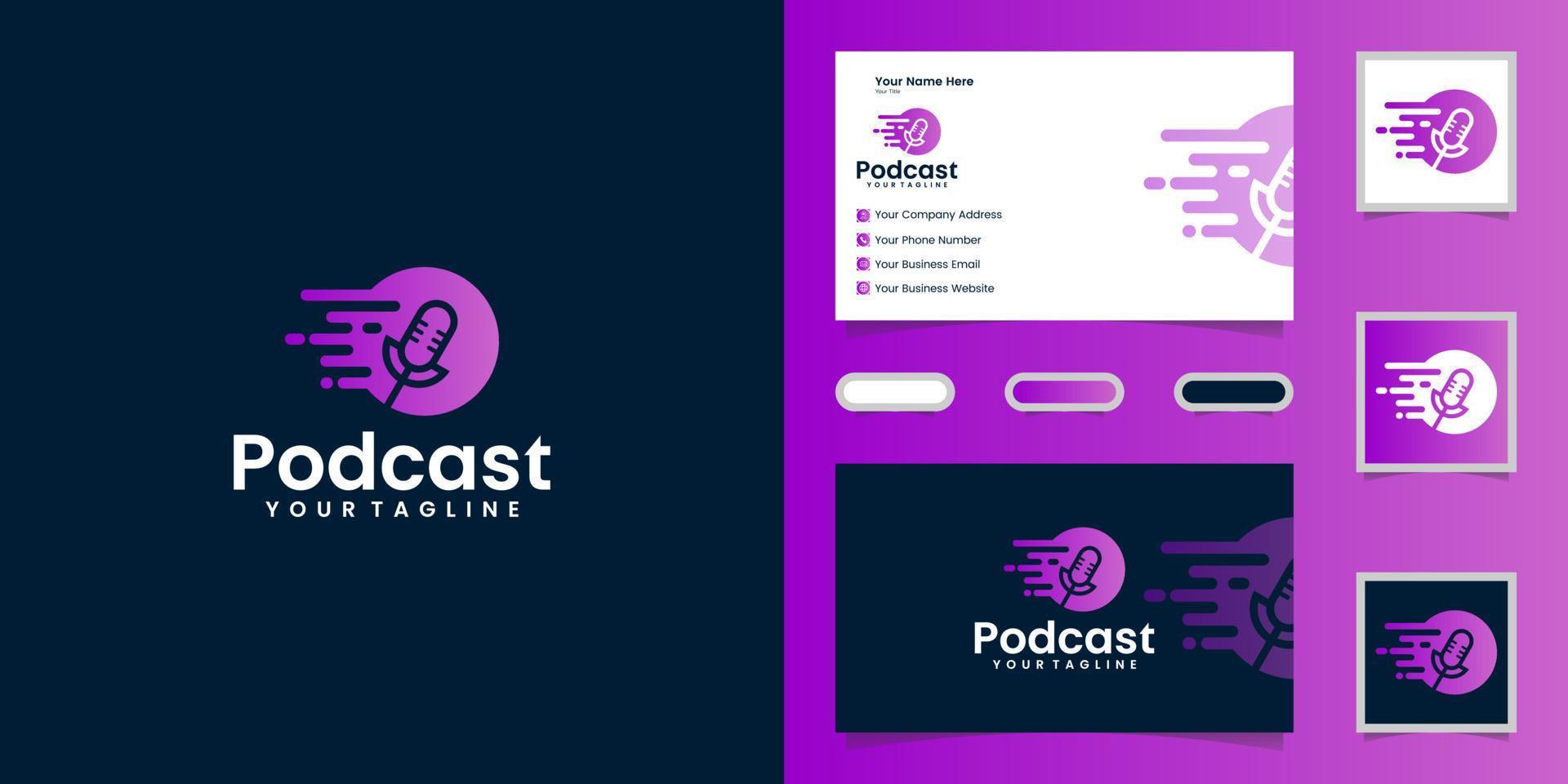 conceito de design de logotipo rápido de podcast e cartão de visita vetor