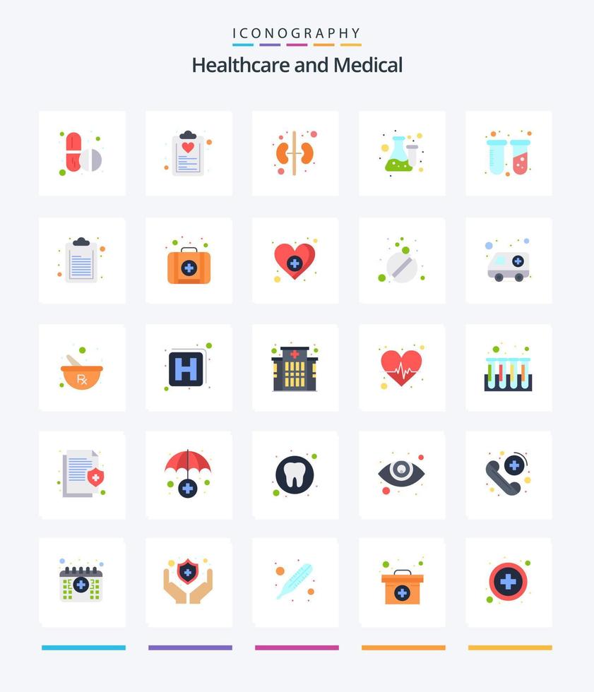 pacote de ícones planos 25 médicos criativos, como química. laboratório. plano. laboratório. química vetor
