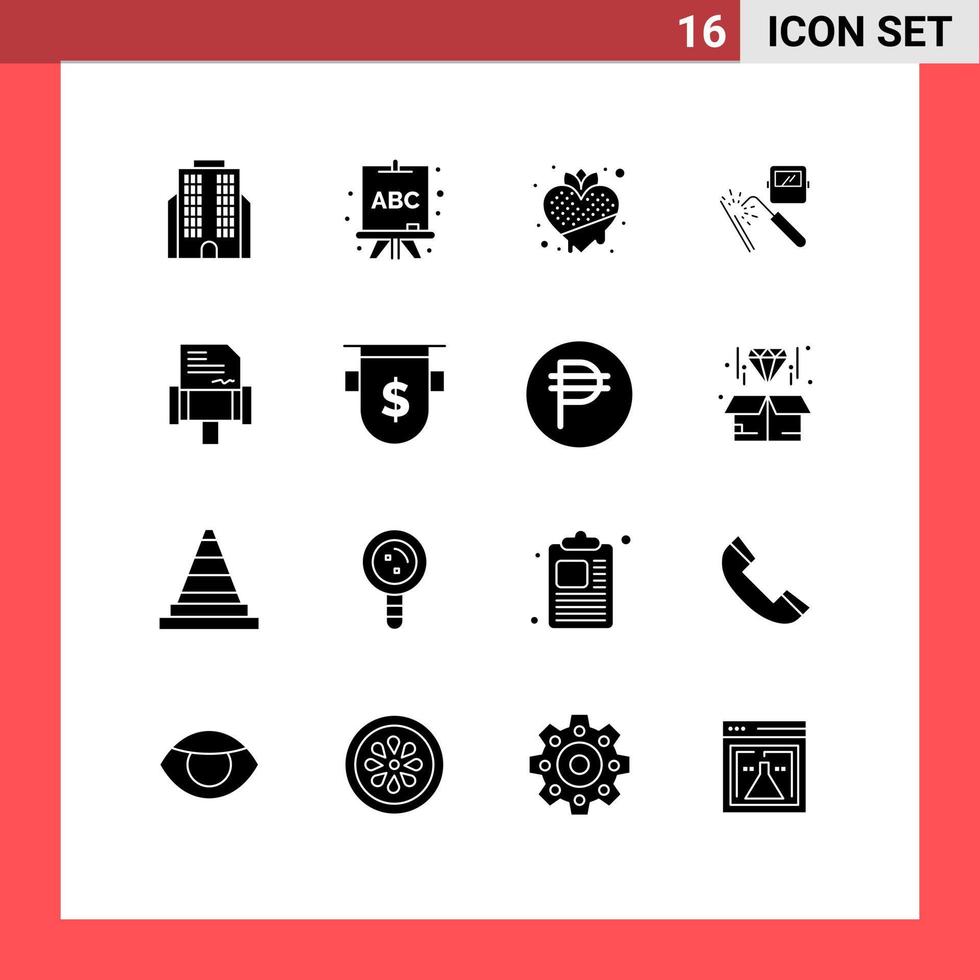 pacote de interface do usuário de 16 glifos sólidos básicos de elementos de design vetorial editáveis da máquina de fábrica de morango da indústria jurídica vetor