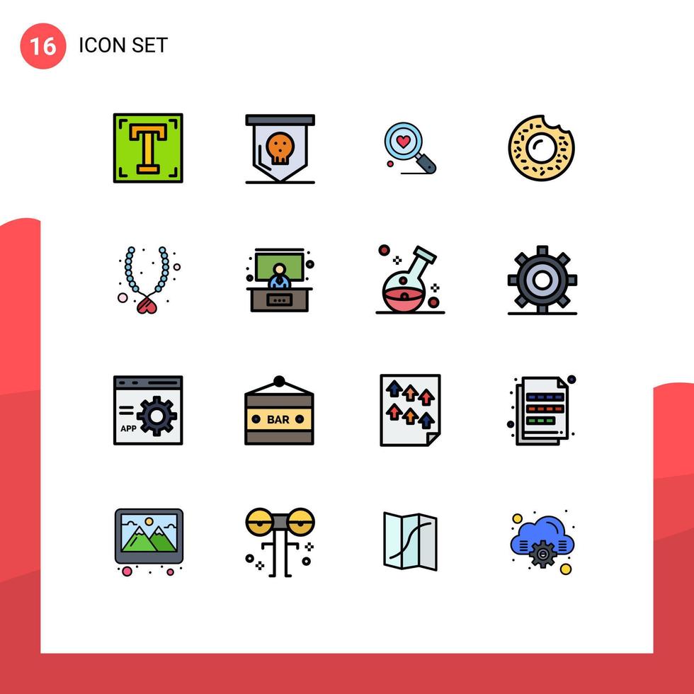 pacote de 16 linhas cheias de cores planas modernas, sinais e símbolos para mídia impressa na web, como joias, doces, comida de caveira, casamento, elementos de design de vetores criativos editáveis