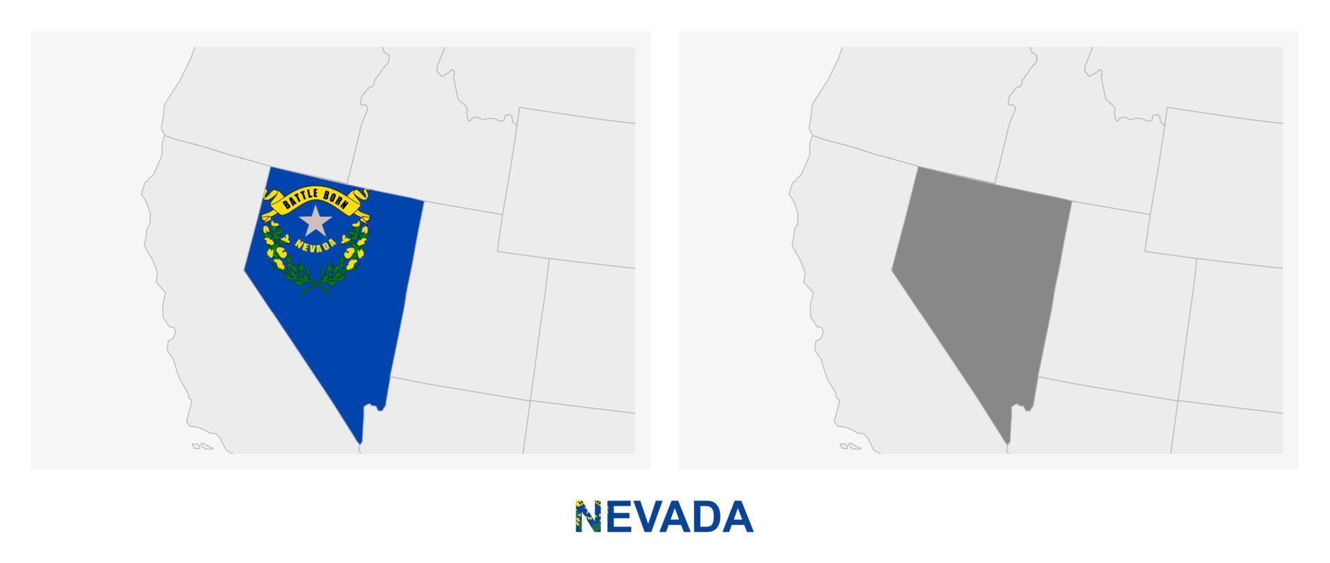 duas versões do mapa do estado americano de nevada, com a bandeira de nevada e destacada em cinza escuro. vetor
