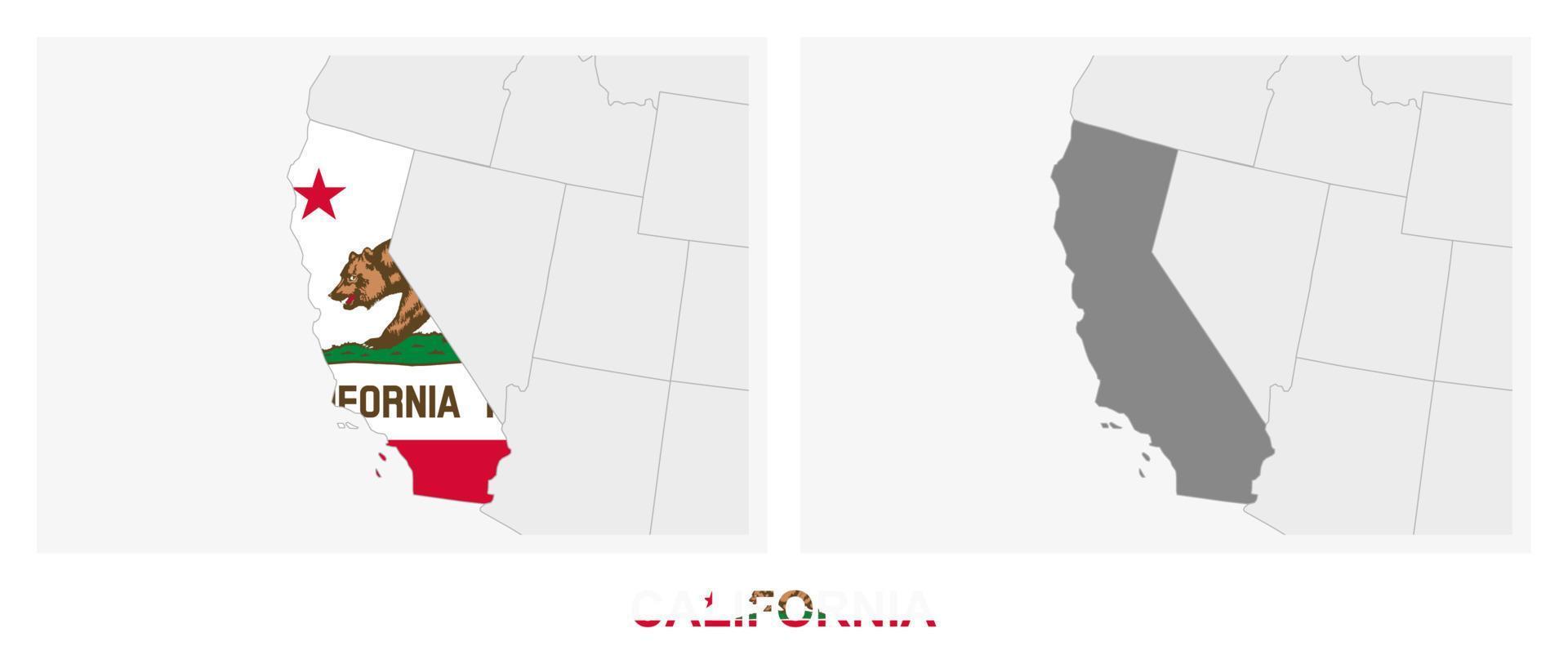 duas versões do mapa do estado americano da califórnia, com a bandeira da califórnia e destaque em cinza escuro. vetor