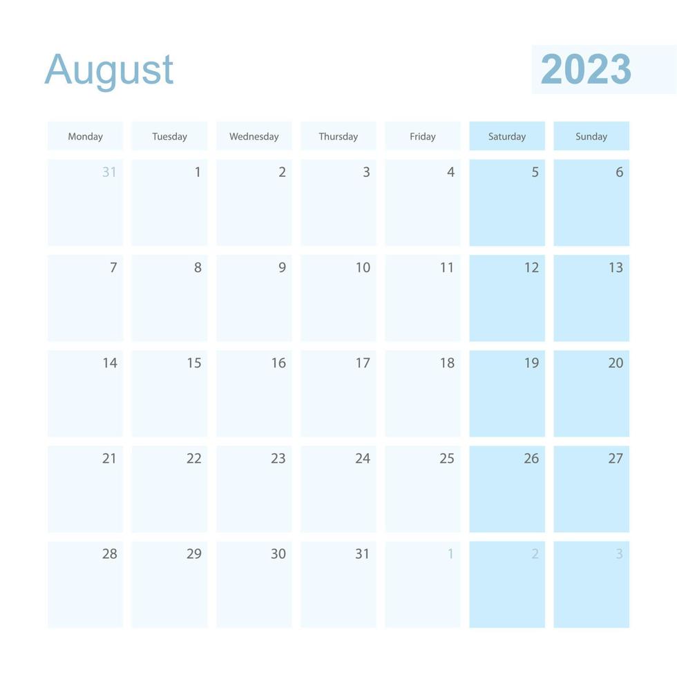 Planejador de parede de agosto de 2023 na cor pastel azul, a semana começa na segunda-feira. vetor