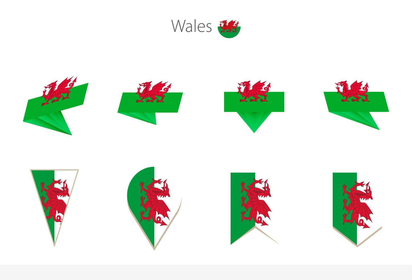 coleção de bandeiras nacionais do país de Gales, oito versões de bandeiras vetoriais do País de Gales. vetor