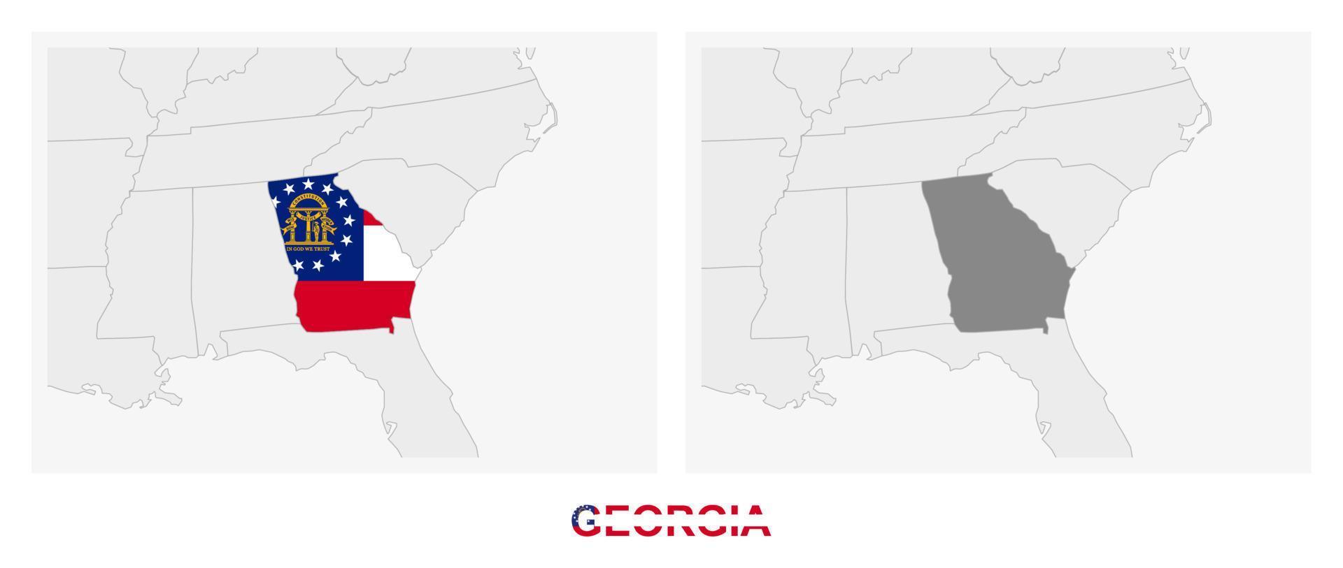 duas versões do mapa do estado americano da geórgia, com a bandeira da geórgia e destacada em cinza escuro. vetor