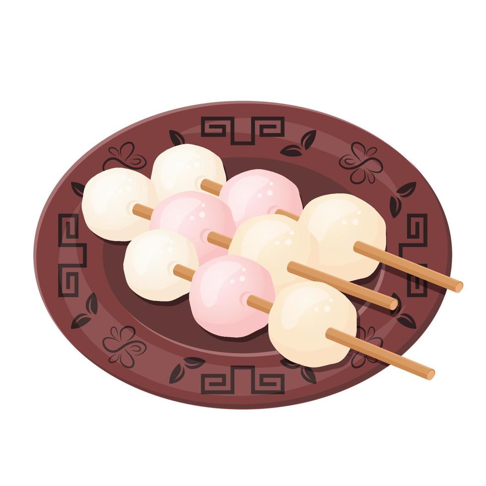 conjunto de saborosos tsukimi dango rosa e amarelo. doce japonês. bolas de farinha de arroz integral. ilustração vetorial plana desenhada para pratos de restaurante, menu, cartaz, panfleto, banner, sobremesa, conceito de cozinha vetor