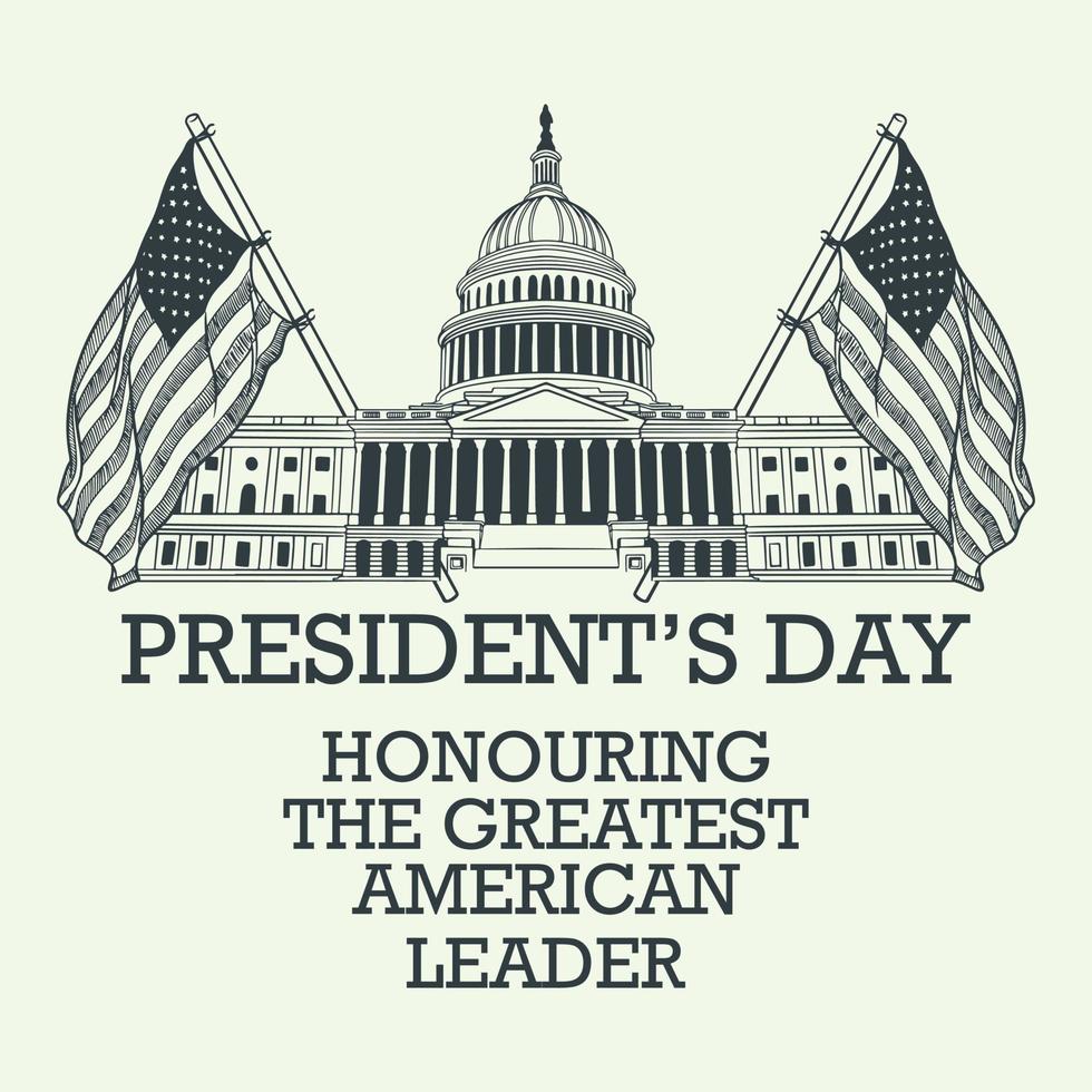 elementos vintage desenhados à mão do dia do presidente com grande edifício e bandeira americana isolada no fundo branco. vetor