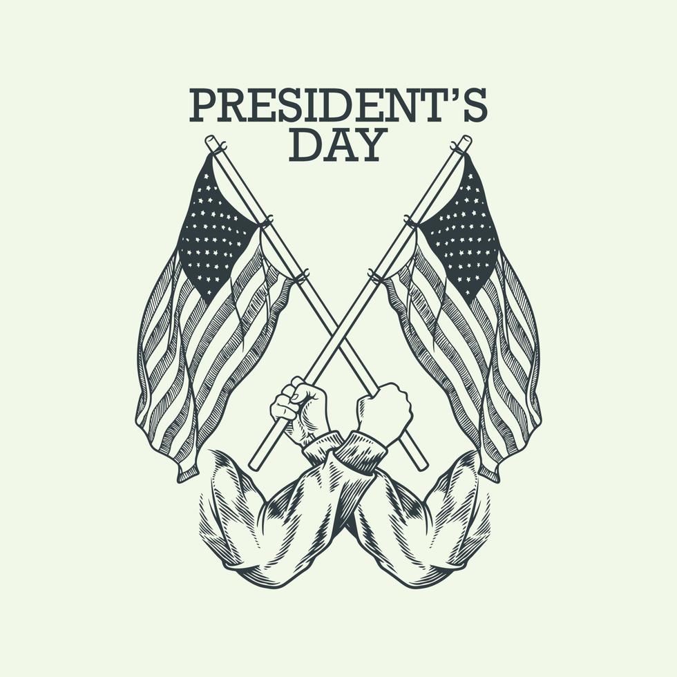 elementos vintage desenhados à mão do dia do presidente com duas mãos e bandeira americana isolada no fundo branco. vetor