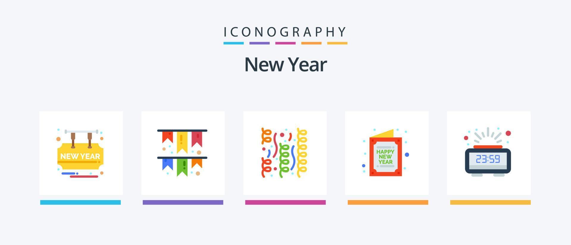 ano novo flat 5 icon pack incluindo relógio. novo. celebração. feliz. cartão. design de ícones criativos vetor