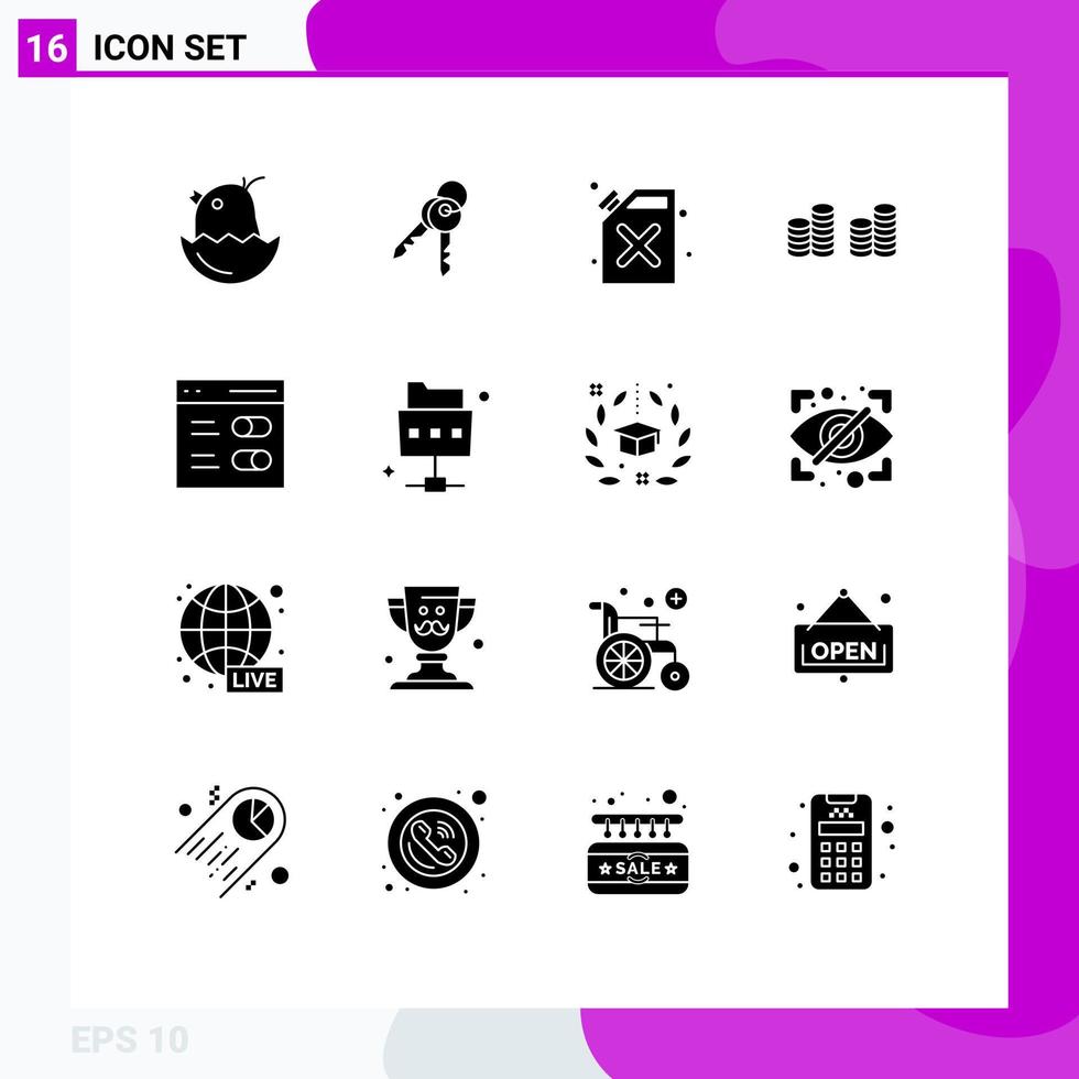conjunto moderno de pictograma de 16 glifos sólidos de interface de usuário barril comunicação moedas elementos de design de vetores editáveis
