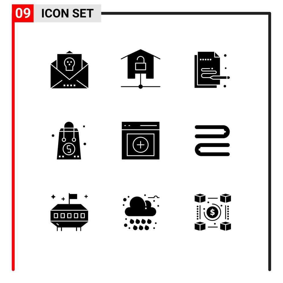 grupo de 9 sinais e símbolos de glifos sólidos para compras em dólar, bolsa para casa inteligente, pintura de elementos de design de vetores editáveis