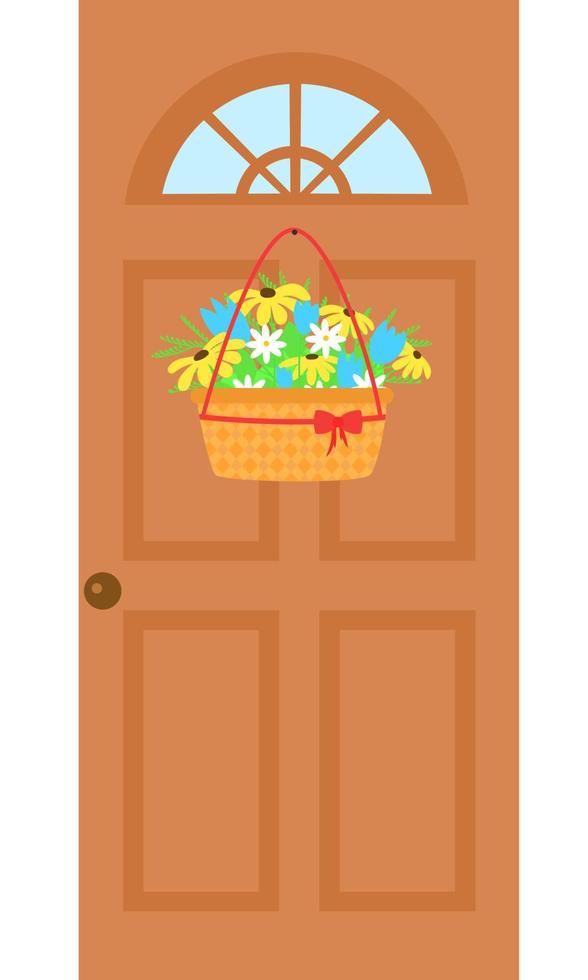 flores em uma cesta na porta. ilustração vetorial vetor