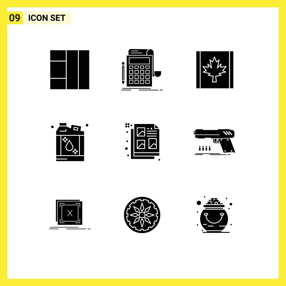 pacote de 9 sinais e símbolos de glifos sólidos modernos para mídia impressa na web, como bandeira de design de ideias, querosene criativo, elementos de design de vetores editáveis