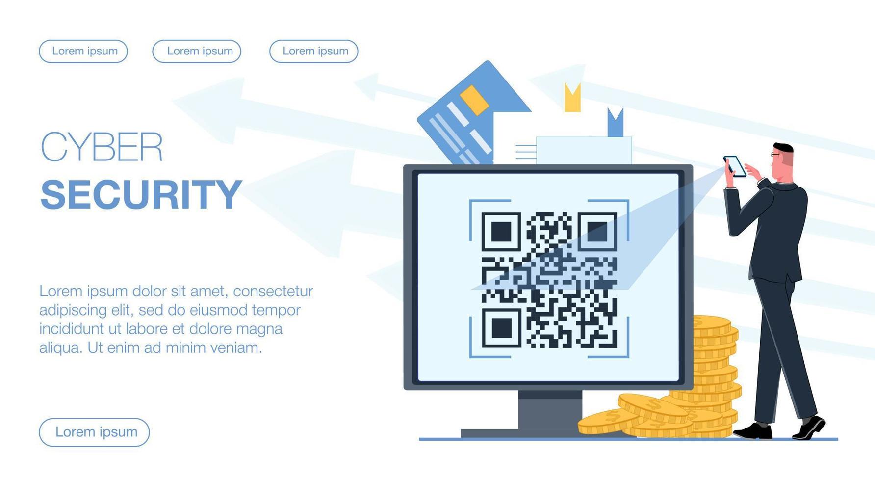 o empresário escaneia o código qr no monitor do computador por meio de seu smartphone, o que fornece segurança cibernética. o fundo mostra documentos, um cartão de banco de crédito e moedas de ouro. vetor