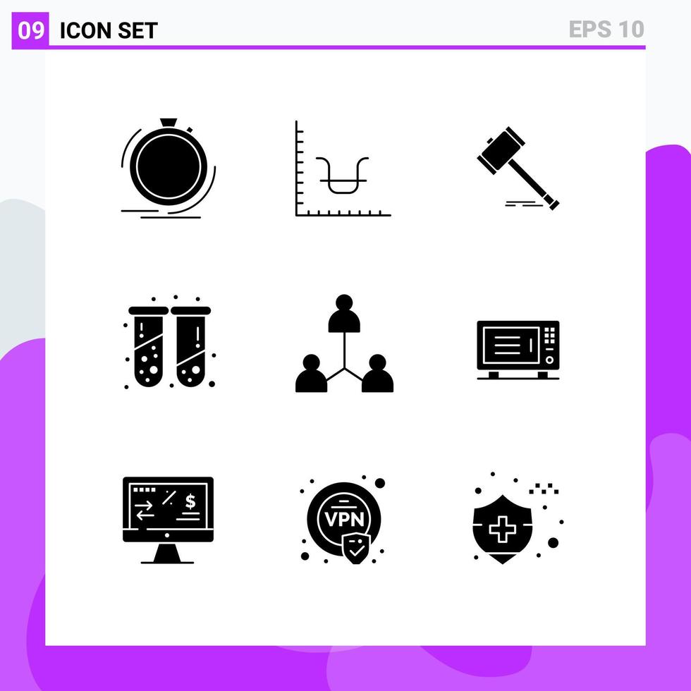 pacote de interface de usuário de 9 glifos sólidos básicos de lei de marketing legal de saúde martelo elementos de design de vetores editáveis