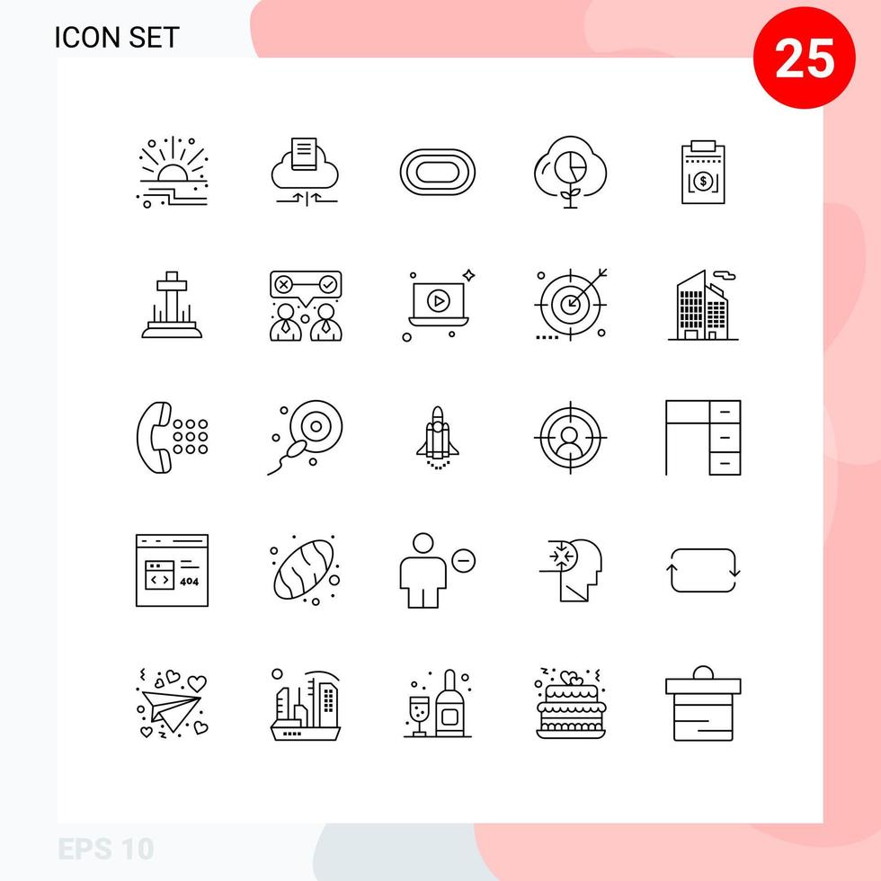 conjunto de 25 sinais de símbolos de ícones de interface do usuário modernos para gráfico de despesas atleta economia nuvem elementos de design de vetores editáveis