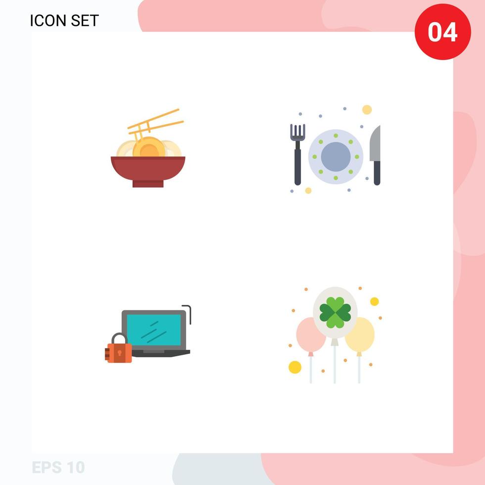 conjunto de 4 pacotes de ícones planos comerciais para elementos de design de vetores editáveis de login de restaurante chinês de segurança de macarrão