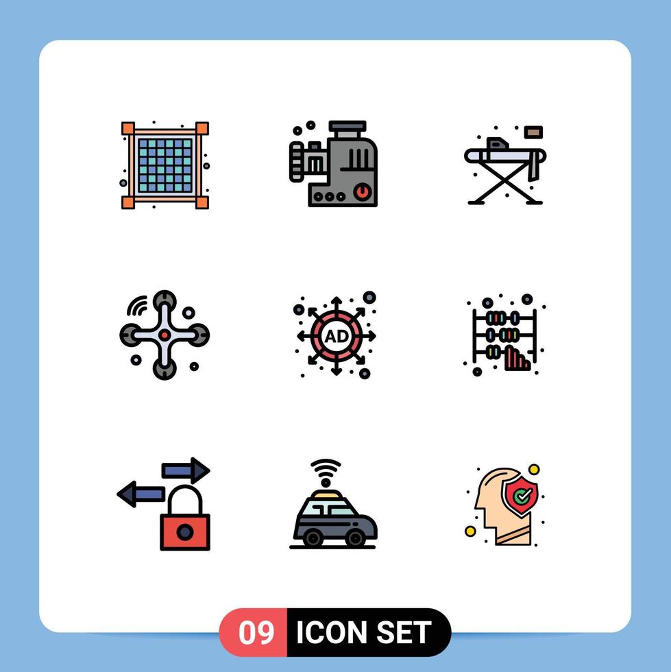 conjunto de cores planas de linha preenchida de interface móvel de 9 pictogramas de anúncio de estratégia vivendo internet das coisas conexões elementos de design vetorial editáveis vetor