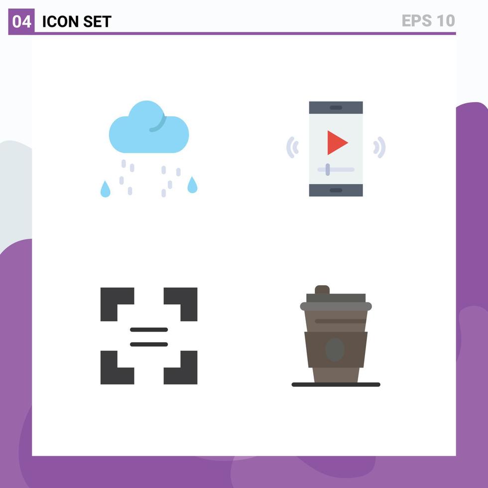 conjunto de 4 pacotes de ícones planos comerciais para nuvem em tela cheia chuva multimídia iguais elementos de design de vetores editáveis
