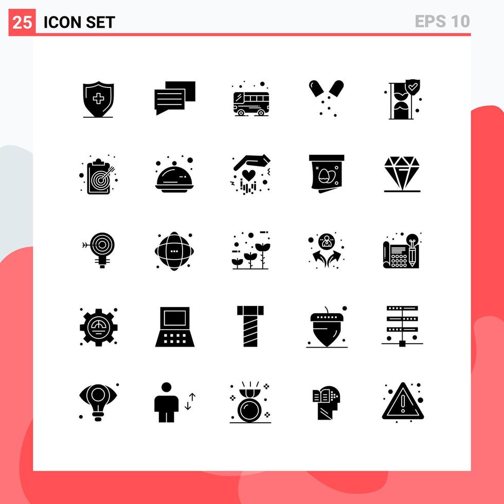 pacote de interface do usuário de 25 glifos sólidos básicos de escudo seguro vidro de tempo público elementos de design de vetores editáveis de saúde