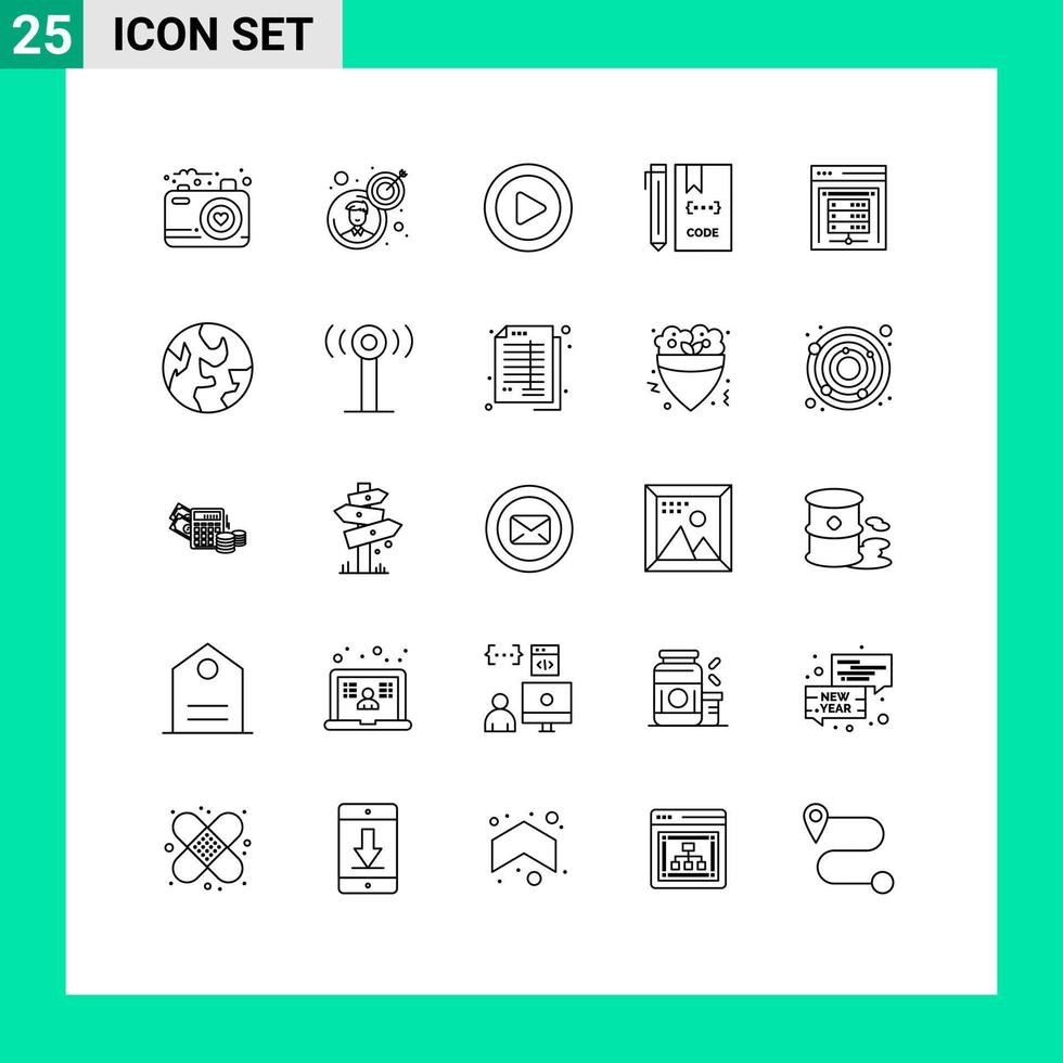 pacote de 25 linhas criativas de desenvolvimento de mídia de arquivo de data center, codificação de elementos de design vetorial editáveis vetor