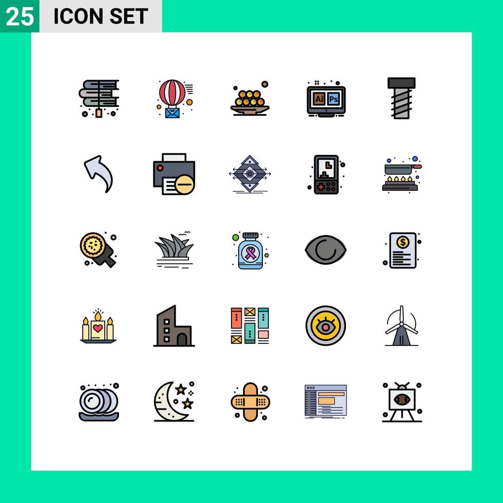 pacote de 25 sinais e símbolos modernos de cores planas de linha preenchida para mídia de impressão na web, como ferramenta hex enviar elementos de design de vetores editáveis de refeição adobe